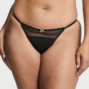Victoria's Secret Stretch Cotton Dot Mesh V-String Panty Black L